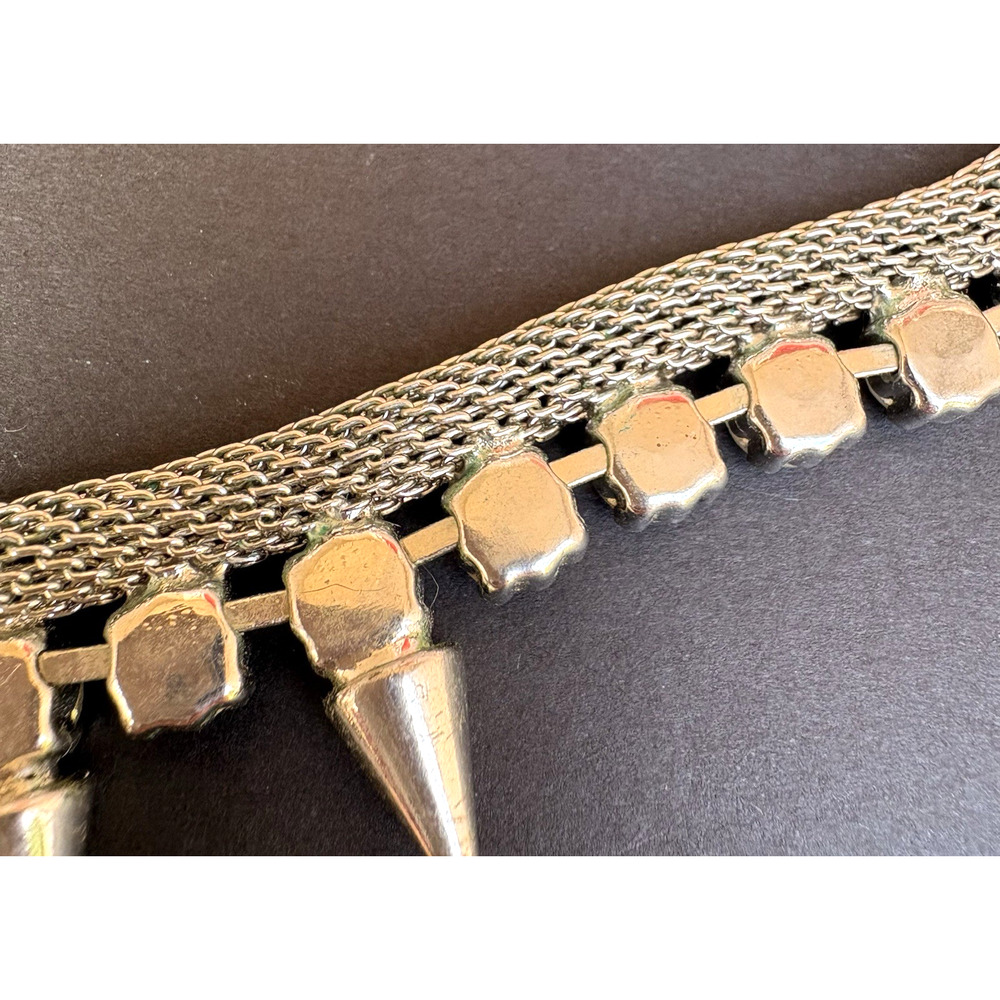 Graziano Silver Tone Mesh w/ Clear Rhinestone & Spikes Necklace Goth Biker Edgy - Picture 8 of 12